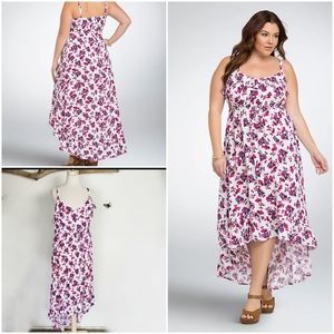 Floral Challis High-Low Sundress in White, Purple and Pink with Adjustable Tie